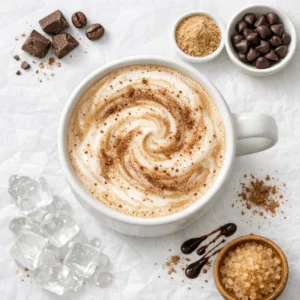 Creamy Big Train Mocha Blended Ice Coffee Mix in a tall glass with rich brown swirls and ice cubes.