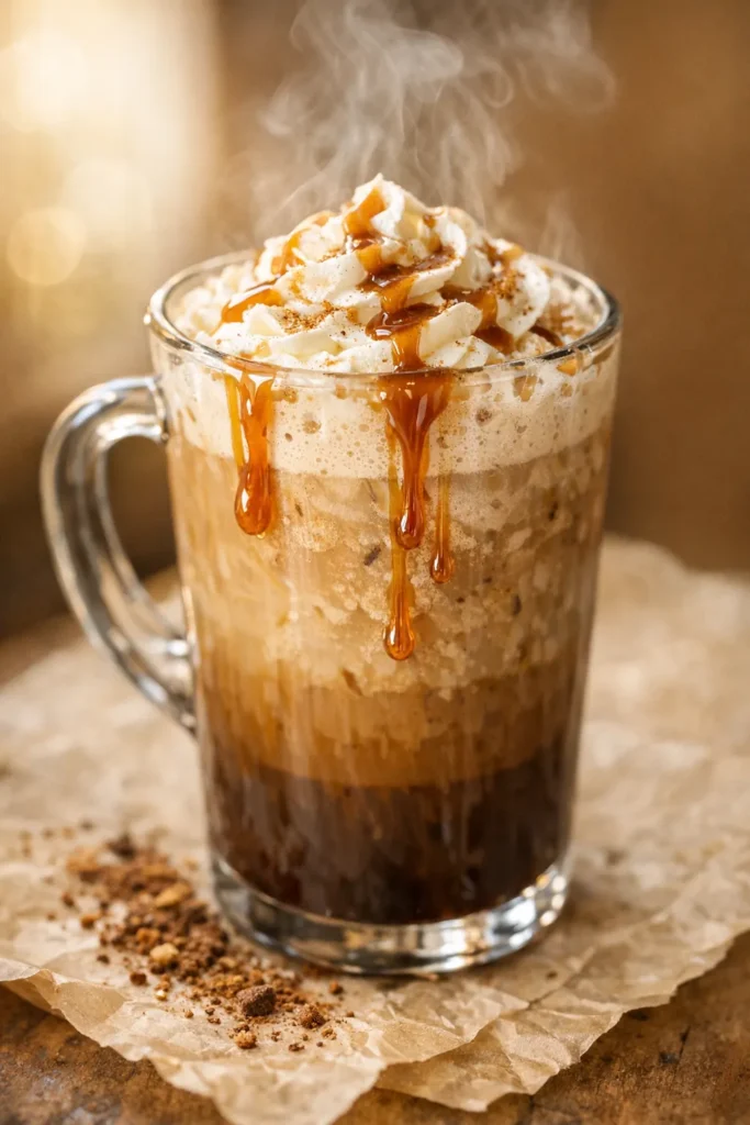 Creamy Big Train mocha blended ice coffee in a tall glass with whipped cream and chocolate drizzle.