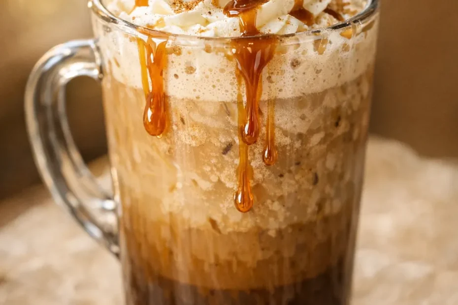 Creamy Big Train mocha blended ice coffee in a tall glass with whipped cream and chocolate drizzle.