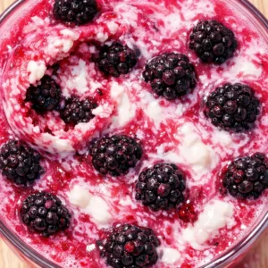 Vibrant pink blackberry coconut drink poured over ice with whole blackberries and toasted coconut flakes, refreshing summer beverage.