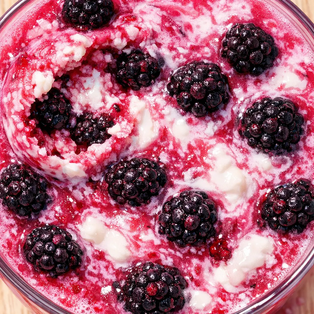 Vibrant pink blackberry coconut drink poured over ice with whole blackberries and toasted coconut flakes, refreshing summer beverage.