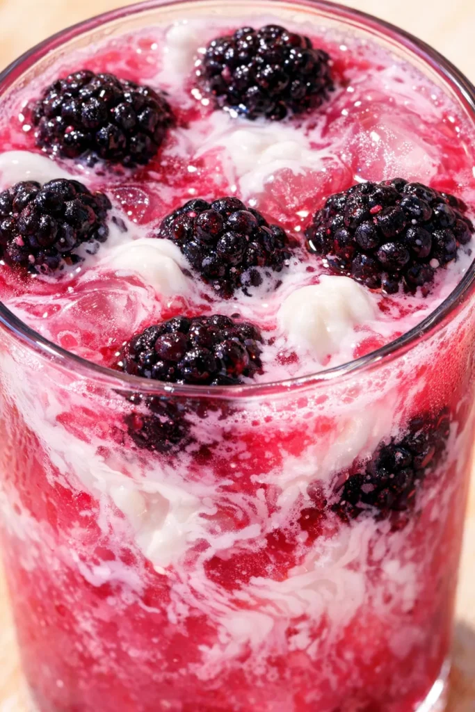 Vibrant pink blackberry coconut drink with fresh blackberries and coconut flakes over ice, a refreshing summer beverage.