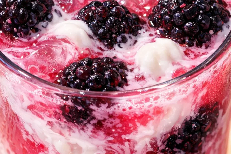 Vibrant pink blackberry coconut drink with fresh blackberries and coconut flakes over ice, a refreshing summer beverage.