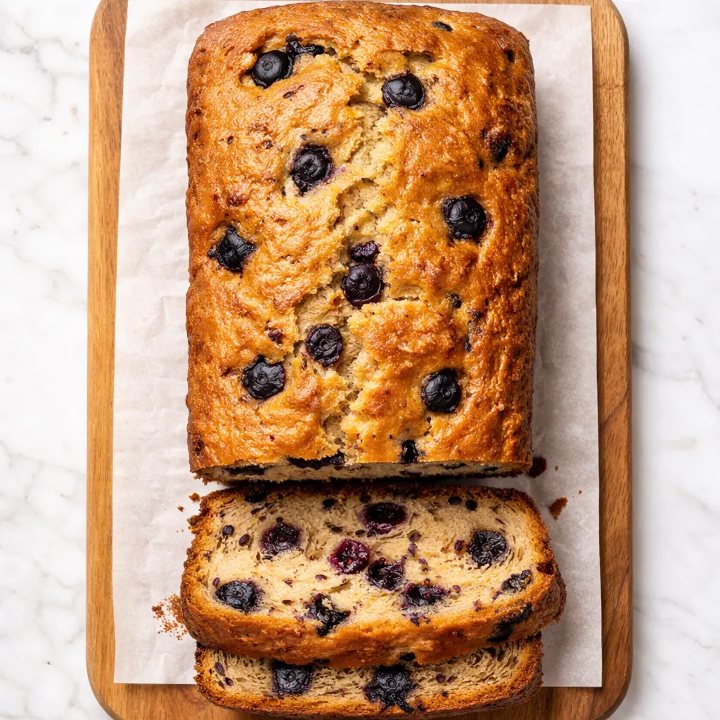 Moist yellow banana bread batter with vibrant blue blueberries evenly distributed, no sunken berries.
