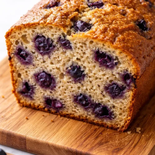 Moist banana bread loaf studded with fresh blueberries suspended throughout, not sunk to the bottom, with a golden brown crust.