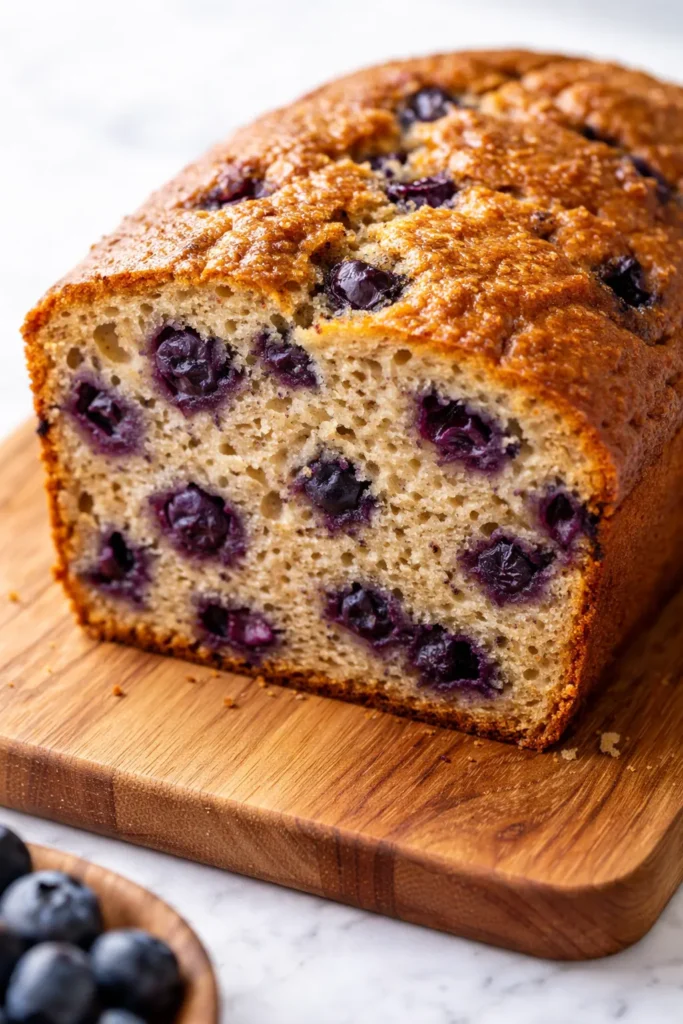 Moist banana bread loaf studded with fresh blueberries suspended throughout, not sunk to the bottom, with a golden brown crust.