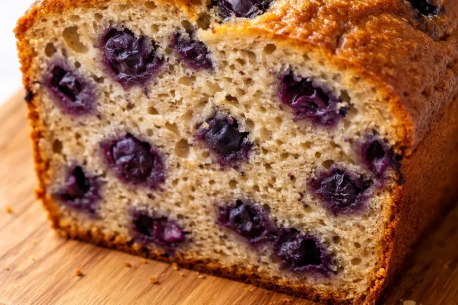 Moist banana bread loaf studded with fresh blueberries suspended throughout, not sunk to the bottom, with a golden brown crust.
