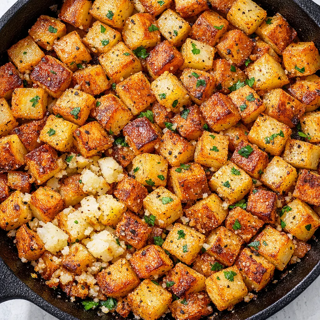 Golden crispy breakfast potatoes in a hot cast iron skillet, edges browned and crunchy.
