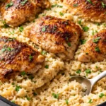 Creamy smothered chicken and rice with rich velvety sauce, golden chicken pieces and tender rice, one-pot comfort.