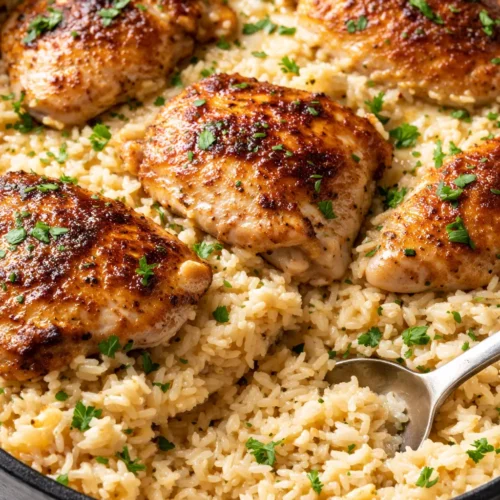 Creamy smothered chicken and rice with rich velvety sauce, golden chicken pieces and tender rice, one-pot comfort.