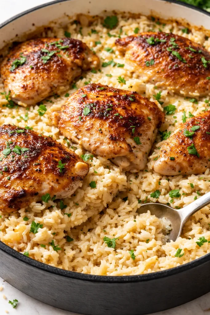 Creamy smothered chicken and rice with rich velvety sauce, golden chicken pieces and tender rice, one-pot comfort.