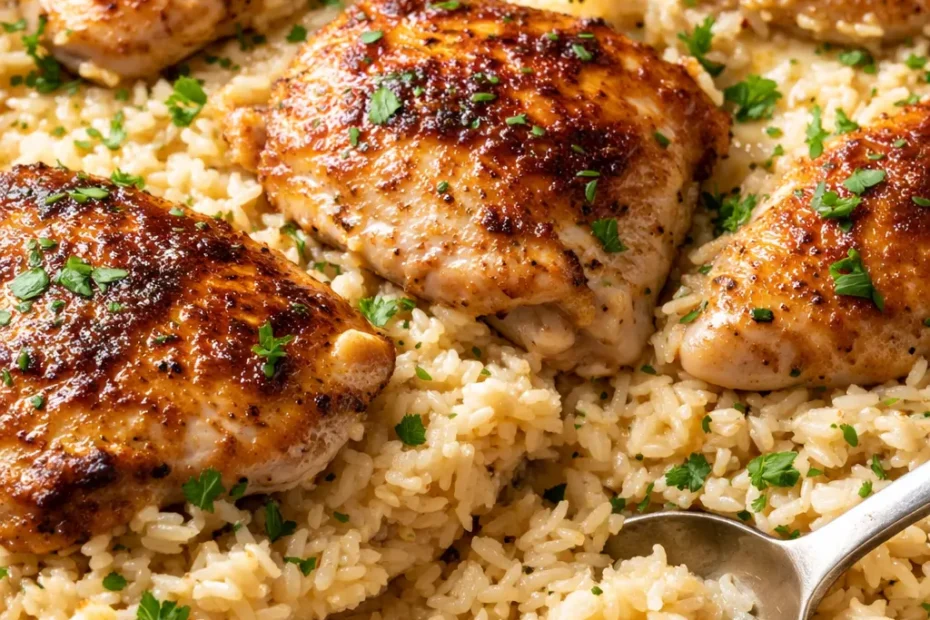 Creamy smothered chicken and rice with rich velvety sauce, golden chicken pieces and tender rice, one-pot comfort.