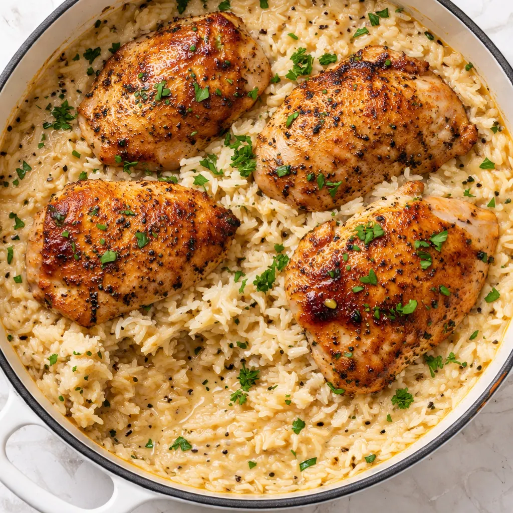 Creamy smothered chicken and rice in a one-pot dish with rich velvety sauce, golden chicken pieces, and tender rice.