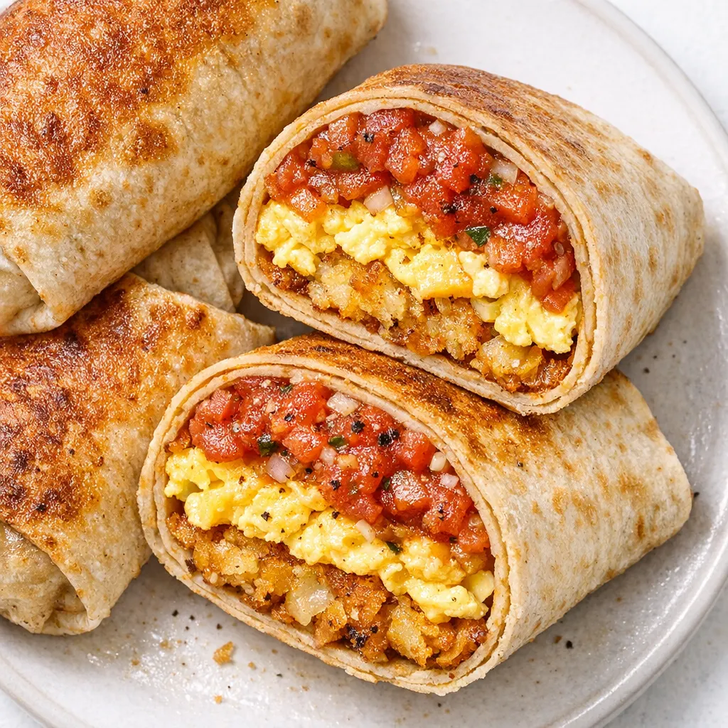 Golden crispy breakfast burrito with browned tortilla, eggs and cheese visible, steam rising, on a rustic plate.