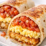 Golden crispy breakfast burritos with browned tortillas and visible filling on a plate, steam rising, non-soggy texture.