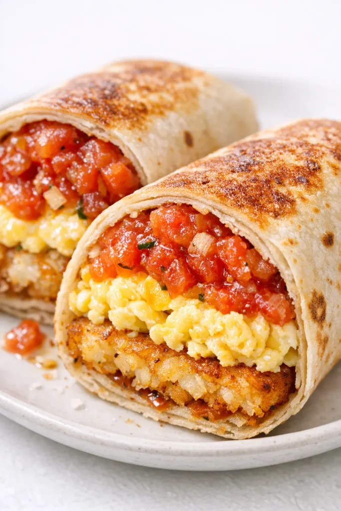 Golden crispy breakfast burritos with browned tortillas and visible filling on a plate, steam rising, non-soggy texture.