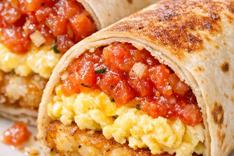Golden crispy breakfast burritos with browned tortillas and visible filling on a plate, steam rising, non-soggy texture.