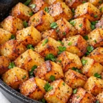 Golden brown crispy breakfast potatoes with herbs and seasonings, perfectly roasted for a crunchy exterior.