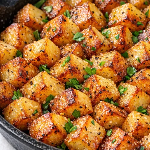 Golden brown crispy breakfast potatoes with herbs and seasonings, perfectly roasted for a crunchy exterior.