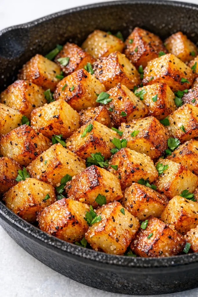 Golden brown crispy breakfast potatoes with herbs and seasonings, perfectly roasted for a crunchy exterior.