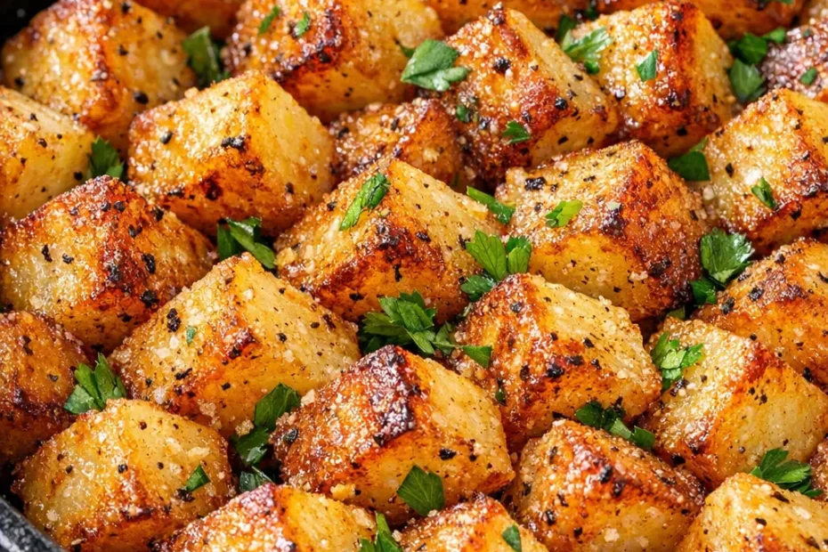 Golden brown crispy breakfast potatoes with herbs and seasonings, perfectly roasted for a crunchy exterior.