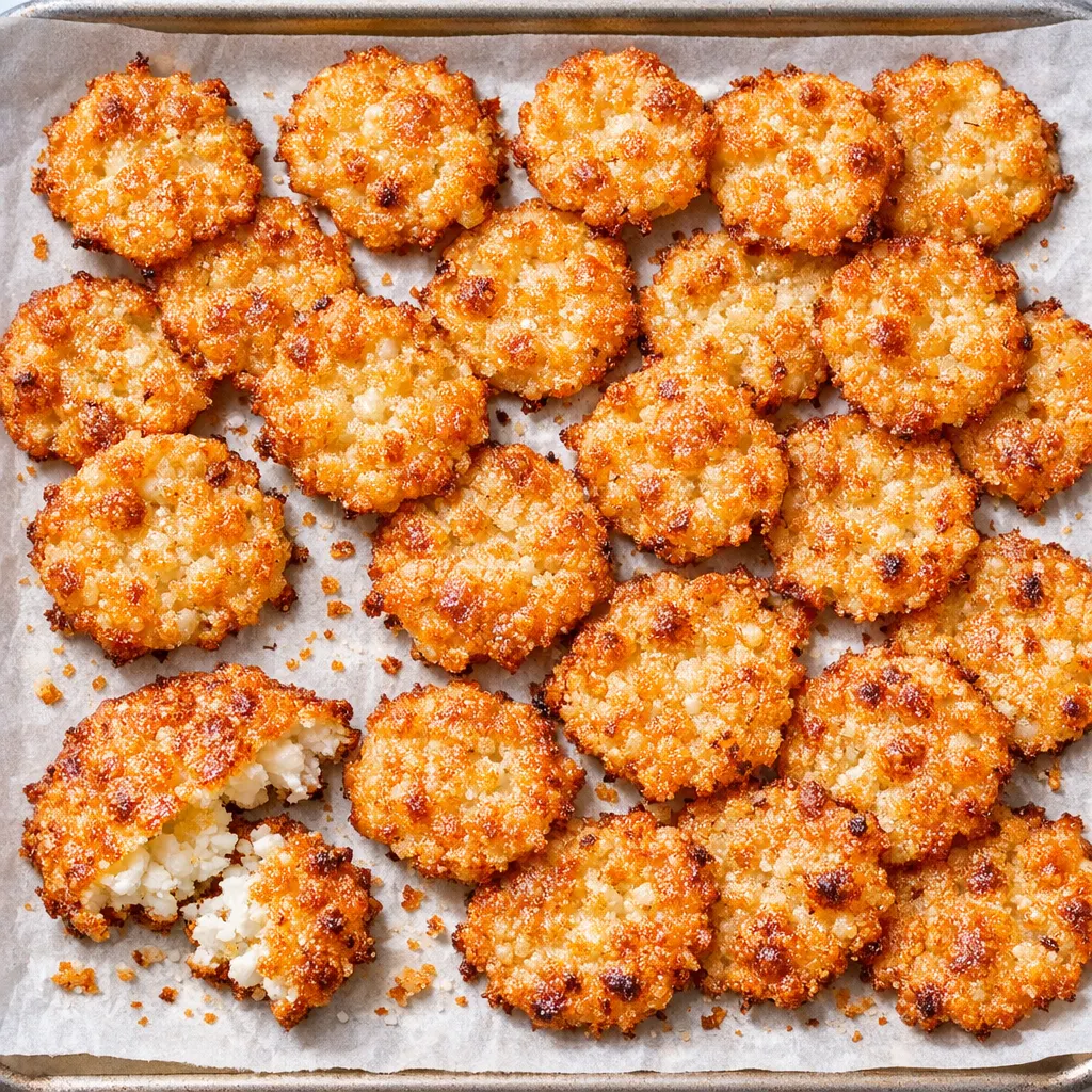 Golden cottage cheese chips arranged on a parchment-lined baking sheet, crispy edges visible.