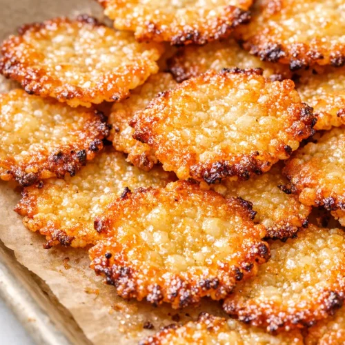 Golden brown crispy cottage cheese chips on a plate, with a crunchy texture and golden color.