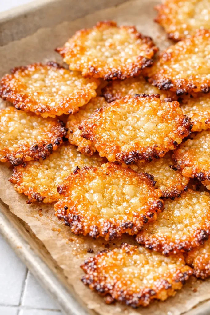 Golden brown crispy cottage cheese chips on a plate, with a crunchy texture and golden color.
