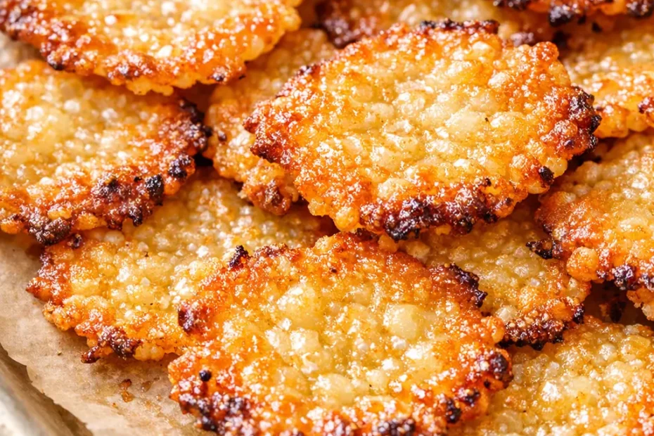 Golden brown crispy cottage cheese chips on a plate, with a crunchy texture and golden color.
