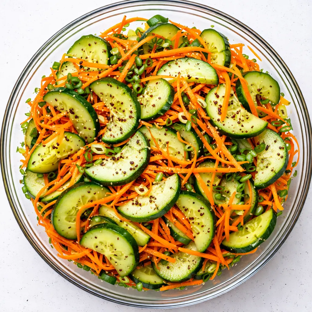 Crisp cucumber and carrot salad with a light vinaigrette, showcasing crunchy textures and bright orange and green colors.