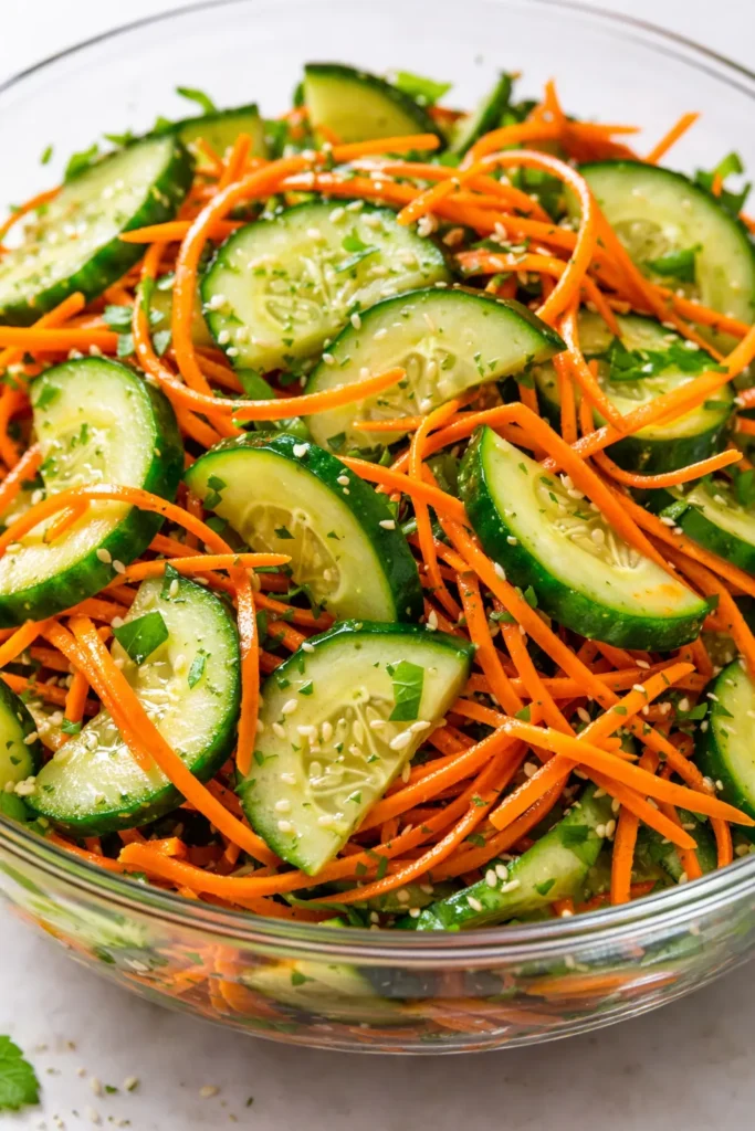 Crunchy cucumber carrot salad with bright orange carrot ribbons and crisp green cucumber slices, drizzled with vinaigrette