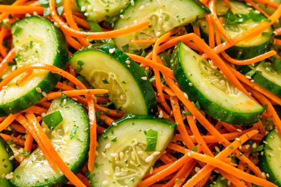 Crunchy cucumber carrot salad with bright orange carrot ribbons and crisp green cucumber slices, drizzled with vinaigrette