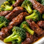 Tender beef slices and bright green broccoli florets coated in a glossy savory sauce, with a sprinkle of sesame seeds and white rice in the background.