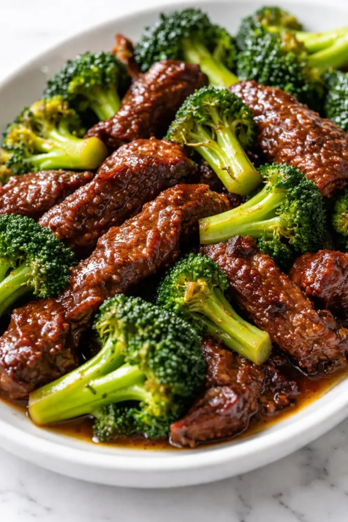 Tender beef slices and bright green broccoli florets coated in a glossy savory sauce, with a sprinkle of sesame seeds and white rice in the background.