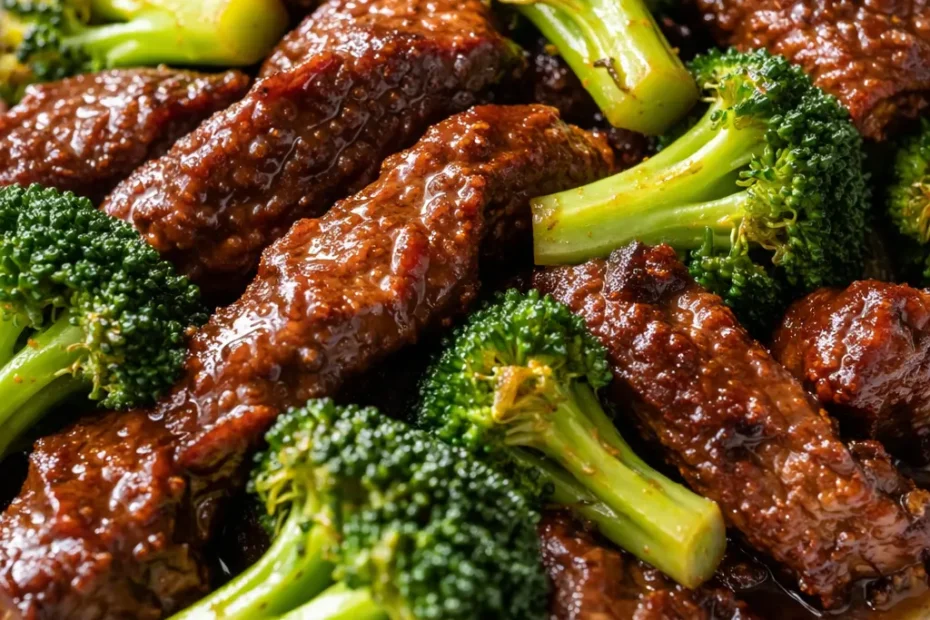 Tender beef slices and bright green broccoli florets coated in a glossy savory sauce, with a sprinkle of sesame seeds and white rice in the background.