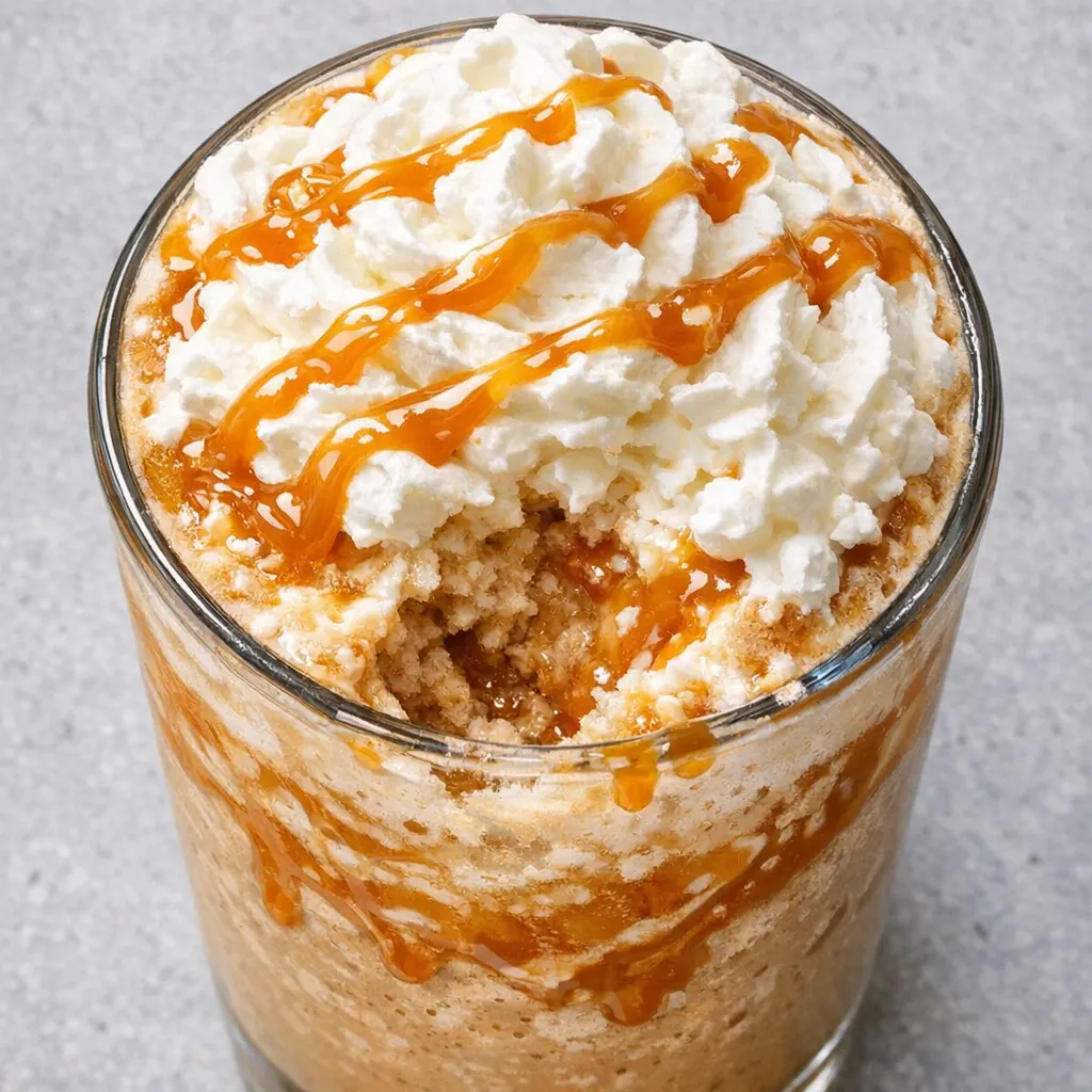 Tall glass of creamy caramel frappuccino with whipped cream and caramel drizzle, ice and blended coffee visible.