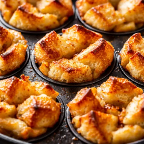 Warm easy french toast cups with rich golden custard filling, dusted with powdered sugar and served with fresh berries.