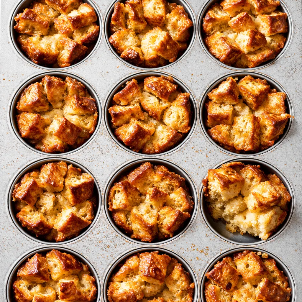 Pouring vanilla custard mixture over cubed bread in a muffin tin to make easy French toast cups; golden edges and creamy custard-filled texture.