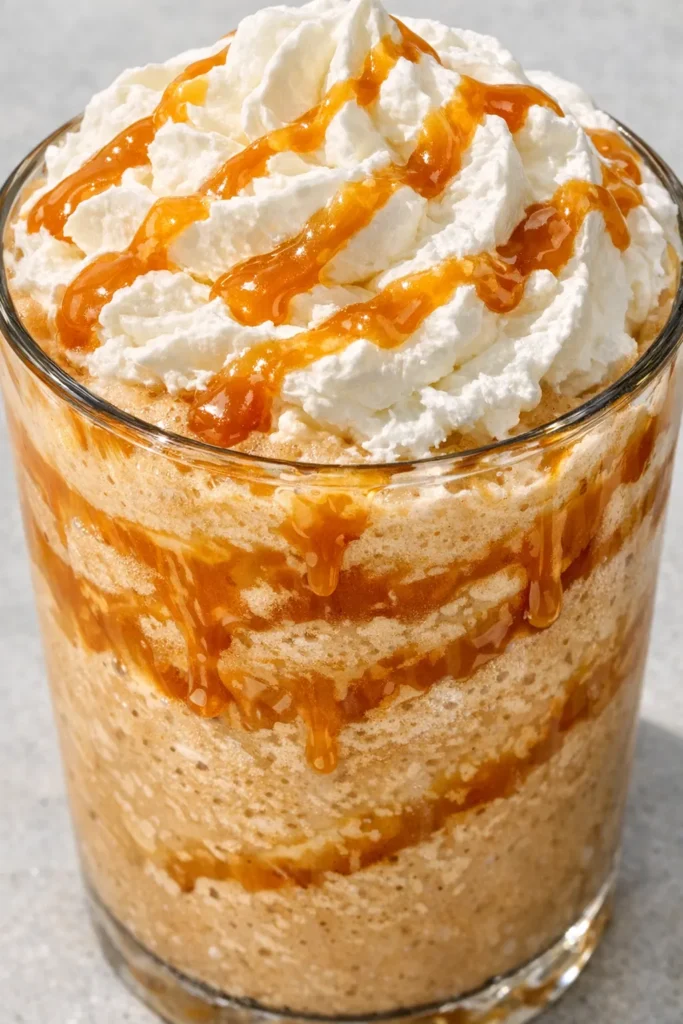 Tall glass of creamy caramel frappuccino topped with whipped cream and caramel drizzle, rich brown color with smooth texture.