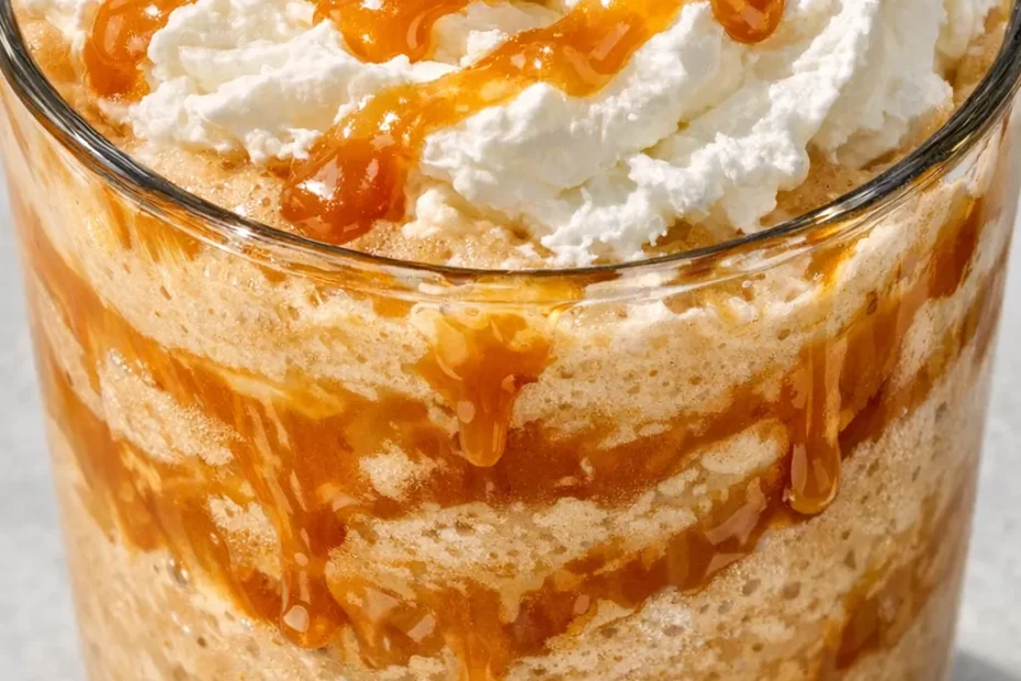 Tall glass of creamy caramel frappuccino topped with whipped cream and caramel drizzle, rich brown color with smooth texture.