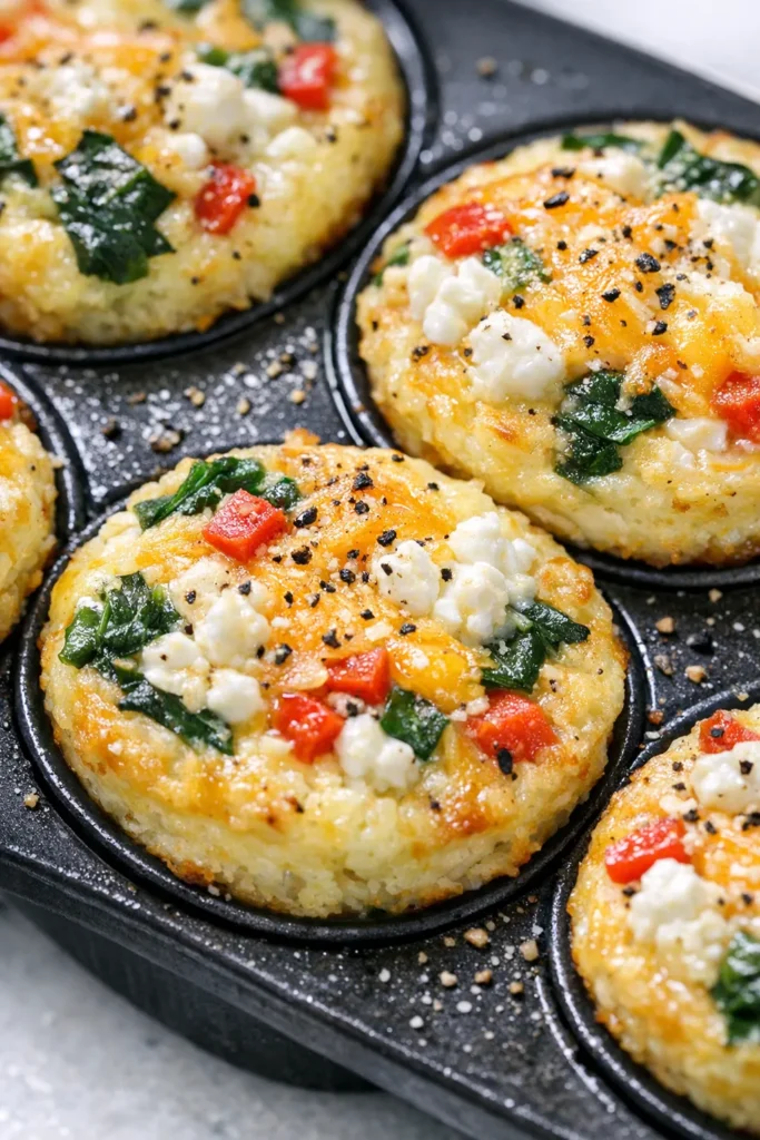 Golden-brown high-protein egg muffins with a fluffy yet firm texture, baked in a muffin tin.