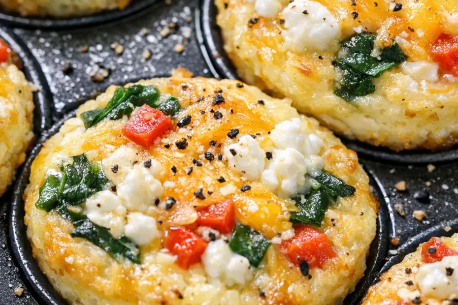Golden-brown high-protein egg muffins with a fluffy yet firm texture, baked in a muffin tin.