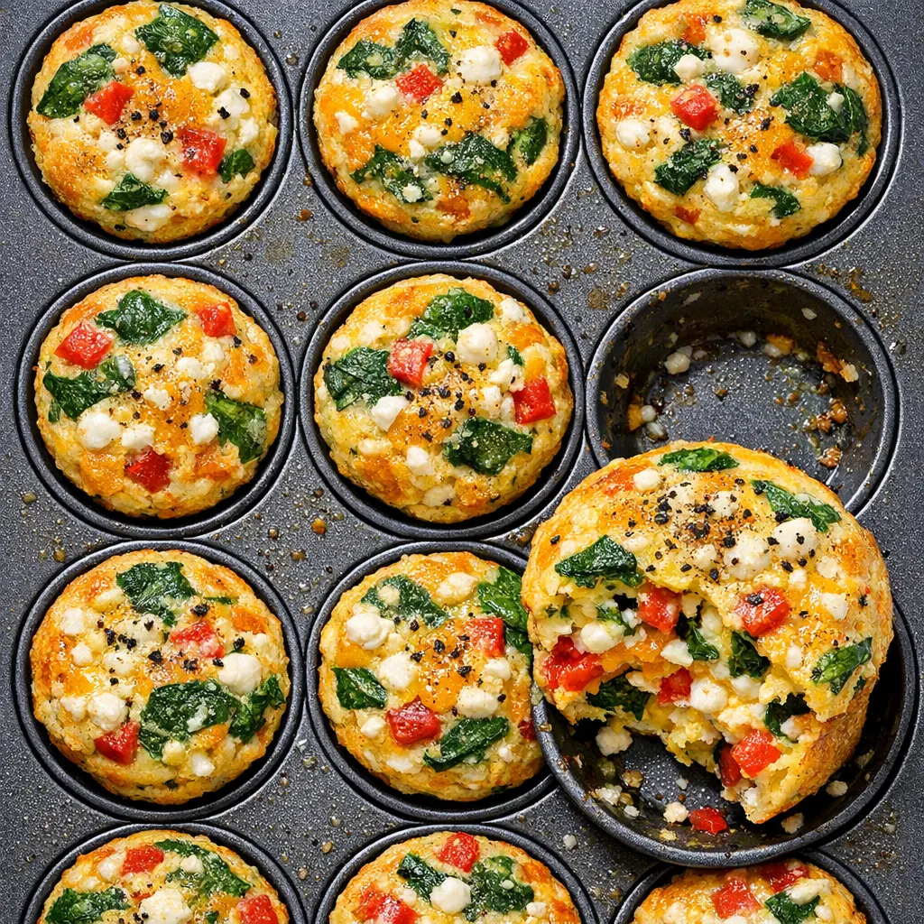 Batch of golden brown egg muffins with visible spinach, bell peppers, and melted cheese, perfectly fluffy and firm, not soggy or spongey.