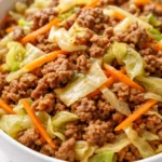 Savory egg roll in a bowl with crumbled pork, shredded cabbage, and carrots, garnished with green onions and sesame seeds.