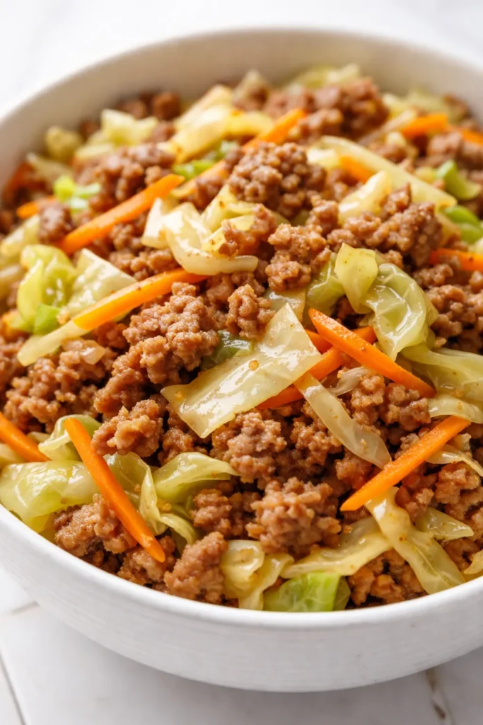 Savory egg roll in a bowl with crumbled pork, shredded cabbage, and carrots, garnished with green onions and sesame seeds.
