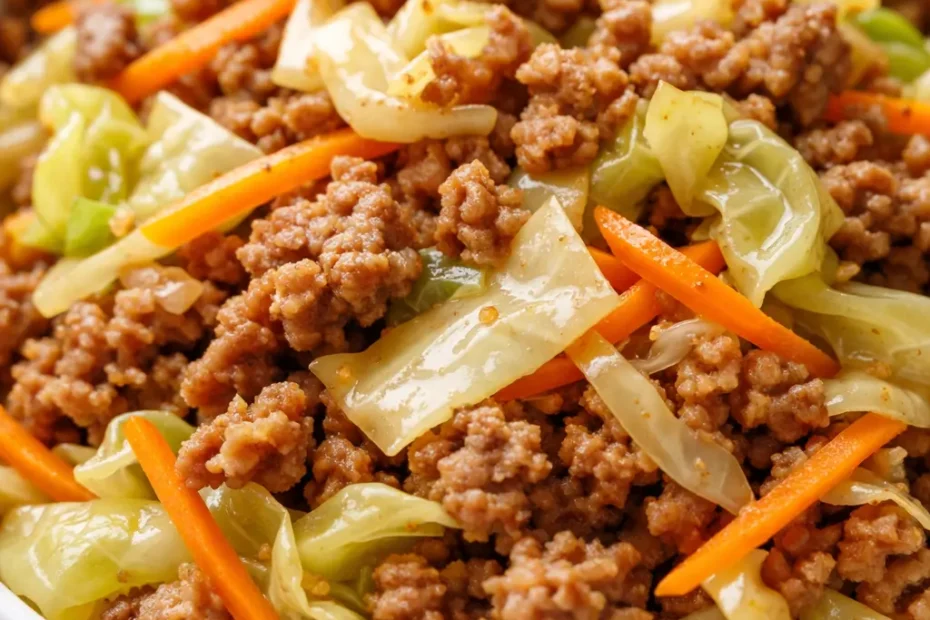 Savory egg roll in a bowl with crumbled pork, shredded cabbage, and carrots, garnished with green onions and sesame seeds.