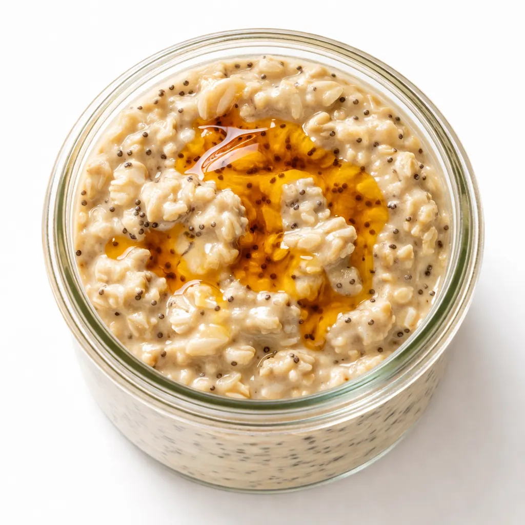 Creamy high-protein overnight oats topped with fresh berries and a drizzle of honey in a glass jar, thick and smooth texture.