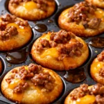 Golden brown homemade McGriddle bites stacked on a plate, steam rising, with a glossy maple syrup drizzle and fluffy pancake-sausage texture.