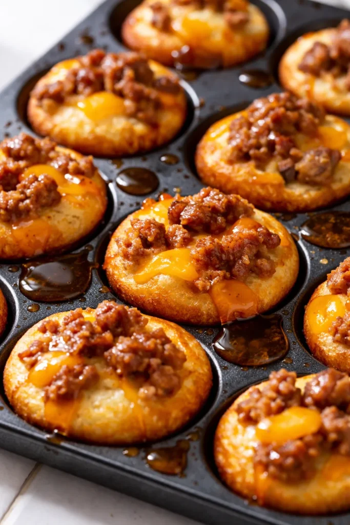 Golden brown homemade McGriddle bites stacked on a plate, steam rising, with a glossy maple syrup drizzle and fluffy pancake-sausage texture.