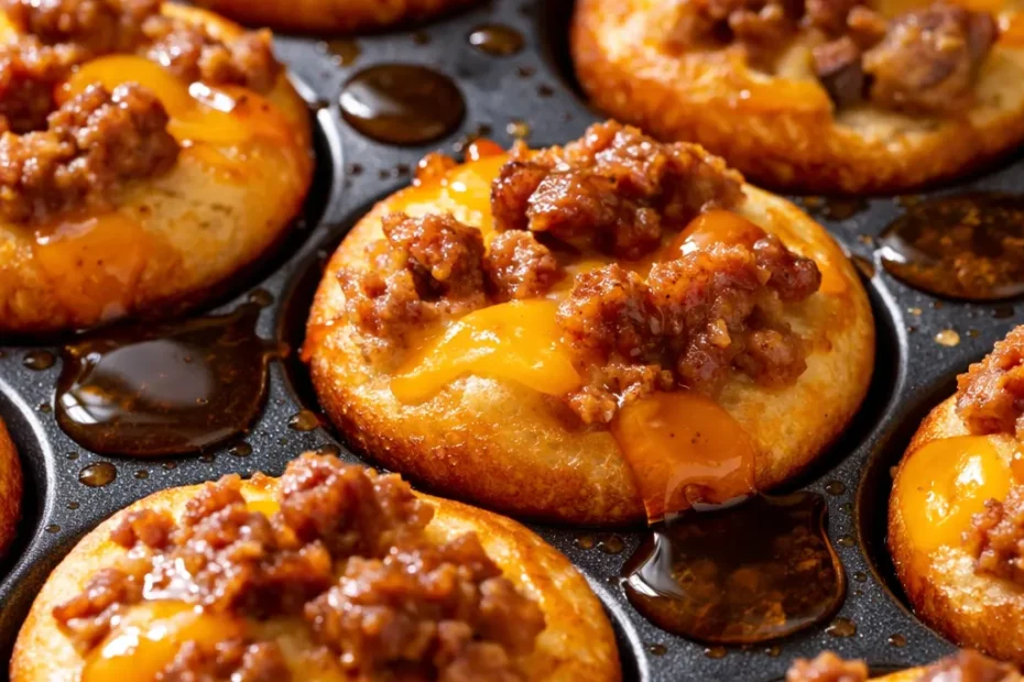 Golden brown homemade McGriddle bites stacked on a plate, steam rising, with a glossy maple syrup drizzle and fluffy pancake-sausage texture.